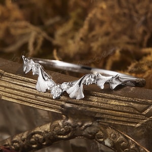 Anillo de bodas de diamantes único con hojas de ginkgo, anillo de oro blanco inspirado en la naturaleza, anillo de bodas curvo, anillos de aniversario, regalo para ella