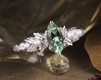 Anillo de compromiso de zafiro verde con corte marquesa único, anillo de boda de hoja de inspiración Natural antiguo, anillos de perlas de racimo retorcidos para mujer
