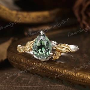 Unique Green Sapphire Engagement Ring Pear Sapphire Mixed Metal Ring Leaf Engraved Diamond Wedding Ring Natural Inspired Rings For Women