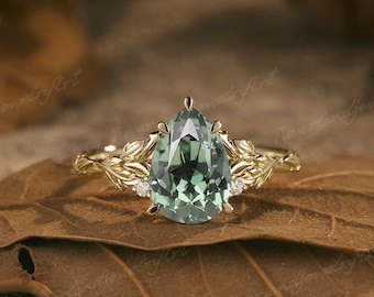 Vintage Green Sapphire Engagement Ring Unique  Floral Wedding Ring Nature Inspired Leaf Promise Ring Diamond Cluster Handmade Ring For Women
