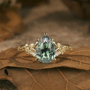 Vintage Green Sapphire Engagement Ring Unique  Floral Wedding Ring Nature Inspired Leaf Promise Ring Diamond Cluster Handmade Ring For Women