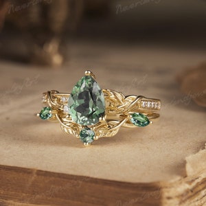 Unique Green Sapphire Engagement Ring Set Nature Inspired Leaf Floral Handmade Promise Ring For Women Green Sapphire Curved Wedding Band