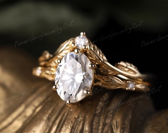 Vintage ovaler Schliff Moissanit Verlobungsring Set Massiver Blattgold Ring Diamant Cluster Ring Handarbeit Braut Set Unikat Blatt Ranke gewölbt Band