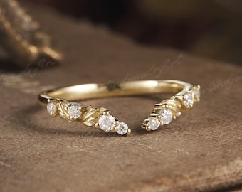 Moissanite gebogen trouwring natuur geïnspireerd blad bloemen handgemaakte trouwring voor vrouwen geel goud open diamant stapelen trouwring