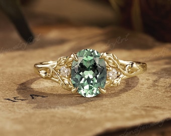 Unique Oval Green Sapphire Engagement Ring Yellow Gold Leaf Branch Ring Nature Inspired Leaf Wedding Ring Floral Ring Promise Rings For Her