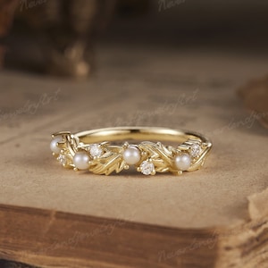 Anillo de boda de perlas único Anillo de boda de racimo de moissanita de oro vintage Anillo de boda floral de hoja inspirada en la naturaleza Anillo de promesa para mujeres