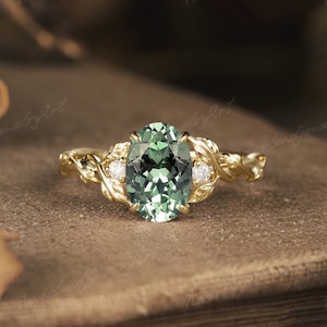 Vintage Oval Cut Green Sapphire Engagement Ring Inspired Leaf Twist Wedding Ring Moissanite Cluster Gold Ring For Women Handmade Jewelry