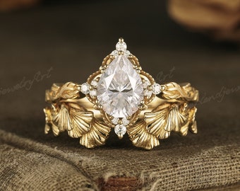 Vintage Moissanit Verlobungsring Set Diamant Cluster Gold Ehering Natur Inspiriert Blattgravur Geschwungenes Stapeln Ehering