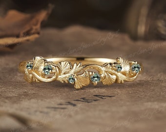 Vintage Green Sapphire Wedding Band Solid Gold Ring Eternity Ring Unique Ginkgo Design Ring Leaf Rings Twisted Wedding Rings For Women