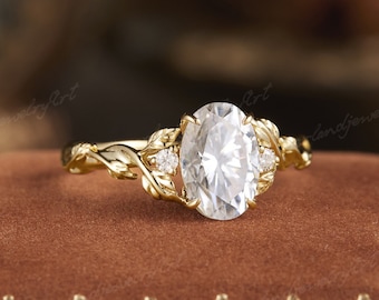 1.6ct Oval Cut Moissanite Engagement Ring Nature Inspired Leaf Wedding Ring Moissanite Cluster Twisted Ring Handmade Gold Promise Ring