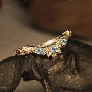 Moss Agate Wedding Band Vintage Gold Curved Wedding Band Leaf Floral Wedding Band Chevron Stacking Wedding Ring Hand Engraving Promise Ring