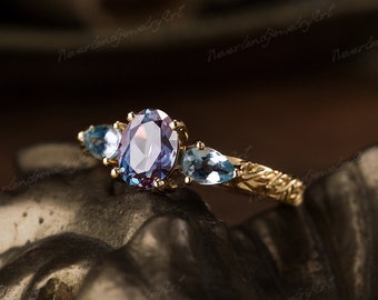 Vintage Oval Cut Alexandrite Engagement Ring Unique Teardrop Aquamarine Three Stone Ring Nature Inspired Leaf Engraved Custom Promise Ring