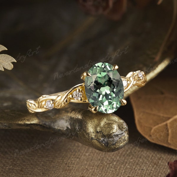 Oval Green Sapphire Engagement Ring Yellow Gold Vintage Natural Inspired Ring Leaf  Ring Diamond Cluster Wedding Ring Promise Ring For Women
