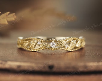 Vintage Leaf Engraving Wedding Ring Inspired Nature Diamond Leaf Gold Wedding Ring Half Eternity milgrain Stacking Matching Ring For Women