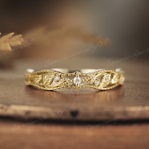 Vintage Leaf Engraving Wedding Ring Inspired Nature Diamond Leaf Gold Wedding Ring Half Eternity milgrain Stacking Matching Ring For Women