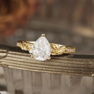 Pear Cut Moissanite Engagement Ring Vintage Solid Gold Leaf Floral Wedding Ring Handmade Wedding Ring For Women Moissanite cluster Ring