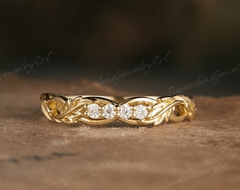 Vintage Moissaniet trouwring op de natuur geïnspireerd blad gouden trouwring unieke bijpassende ringen diamanten handgemaakte ring belofte ring voor vrouwen