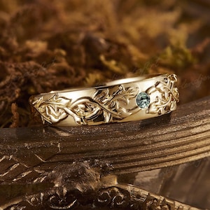 Vintage Green Sapphire Mens Wedding Band Unique Gold Rings Mens Branch Ring Leaf Ring Matching Couple Rings For Men Anniversary Gift for Him
