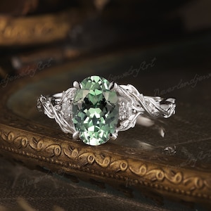 Vintage Green Sapphire Engagement Ring Inspired Leaf Floral Wedding Ring Diamond Cluster Ring Unique White Gold Branch Rings For Women