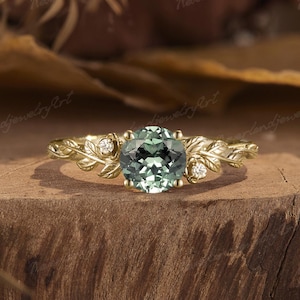 Unique Green Sapphire Engagement Ring Nature Inspired Gold Ring Wedding Rings for Women Leaf Ring Vine Diamond Ring Anniversary Gift for Her