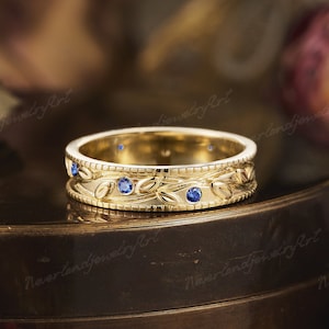 Blue Sapphire Wedding Ring Natural Sapphire Leaf Floral Wedding Band Vintage Handmade Promise Ring For Women Gold Stacking Wedding Band