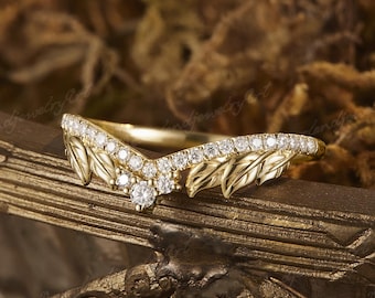 Vintage diamanten trouwring massief bladgoud trouwring op de natuur geïnspireerde ring stapelring voor vrouwen jubileumring cadeau voor haar op maat