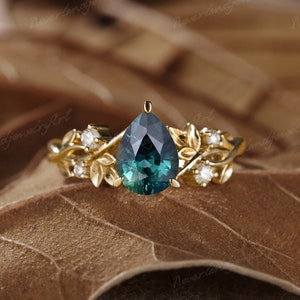Vintage Teal Sapphire Engagement Ring Nature Inspired Leaf Wedding Ring Handmade Gold Bridal Ring Pear Cut Sapphire Promise Ring For women