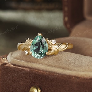 Pear Cut Green Sapphire Engagement Ring Inspired Leaf Floral Gold Wedding Ring Diamond Cluster Handmade Engraved Promise Ring For Women