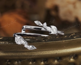 Vintage Diamond Wedding Band Nature Inspired Leaf Enhancer Wedding Ring Art Deco Branch Vines Double Wedding Band Handmade Promise Ring