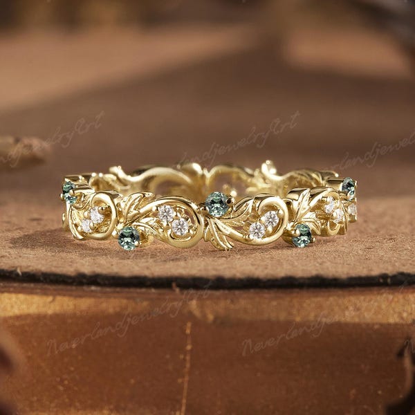 Vintage Green Sapphire Wedding Band Filigree Wedding Rings for Women Diamond Ring Solid Gold Band Branch Ring Anniversary Ring Gift for Her