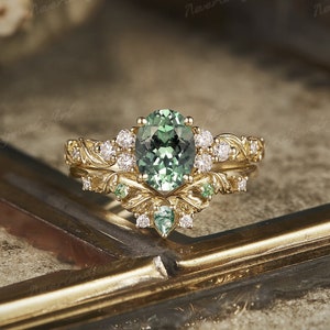 Green Sapphire Engagement Ring Set Nature Inspired Leaf Gold Wedding Ring Set Moss Agate Curved Wedding Band Moissanite Cluster Promise Ring
