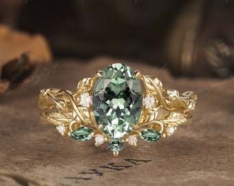 Einzigartiges, oval geschliffenes grünes Saphir-Verlobungsring-Set aus massivem Gold, Saphir-Ehering-Set, Blatt-gedrehtes Braut-Set, Versprechensringe für Frauen