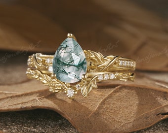 Vintage Moss agate Engagement Ring Set Inspired Leaf Floral Wedding Ring Set Moissanite Curved Gold Wedding Band Promise ring For Women