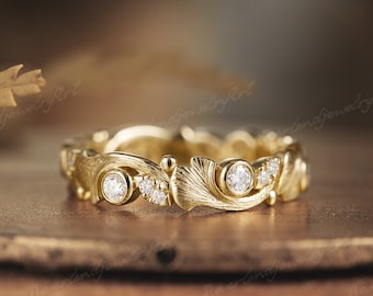 Vintage Leaf Engagement Ring Nature Inspired Ginkgo Leaf Gold Wedding Ring Moissanite Wedding Ring Full Eternity Promise Ring For Women