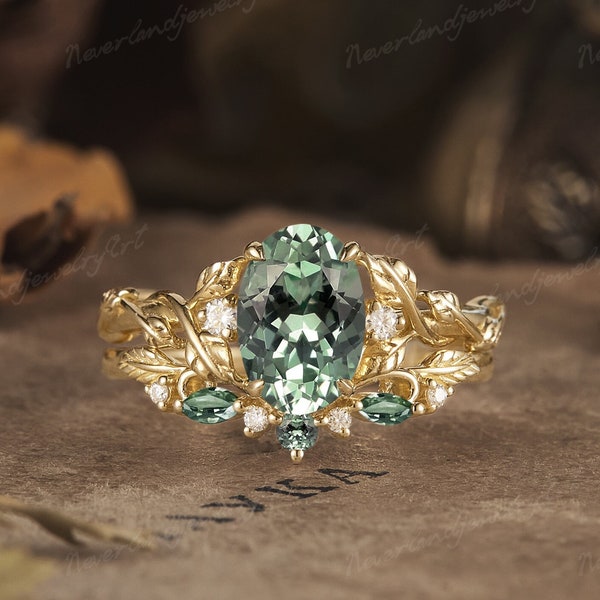 Unique Oval Cut Green Sapphire Engagement Ring Set Solid Gold Sapphire Wedding Ring Set Leaf Twisted Bridal Set Promise Rings For Women