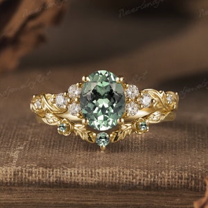 Oval Sapphire Engagement Ring Set Vintage Green Sapphire Ring Yellow Gold Leaves Engraved Wedding Band Unique Promise Ring Anniversary Gift