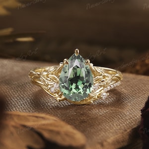 Vintage Pear Green Sapphire Engagement Ring Set Yellow Gold Leaf Ring Natural Inspired Ring Unique Cluster Diamond Wedding Ring Set Women