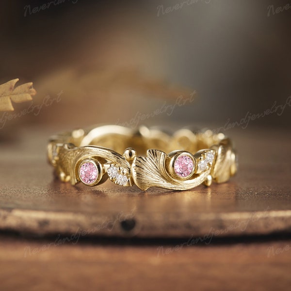 Natural Pink Sapphire Wedding Ring Inspired Ginkgo Leaf Gold Handmade Wedding Band Moissanite Cluster Wedding Ring Diamond Promise Ring