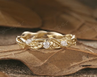 Vintage Leaf Diamond Engagement Ring Nature Inspired Leaf Floral Gold Wedding Ring Ring Moissanite Full Eternity Wedding Band Handmade Ring