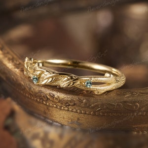 Unique Sapphire Wedding Band Yellow Gold Leaf Wedding Band Handmade Engraved Natural Inspired Ring Branch Rings Anniversary Gifts For Women
