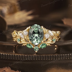 Vintage Green Sapphire Engagement Ring Set Yellow Gold Unique Leaf Ring Oval Sapphire Wedding Ring Set Curved Wedding Band For Women