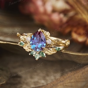 Vintage Pear Cut Alexandrite Engagement Ring Set Nature Inspired Leaf Floral Diamond Cluster Handmade Ring For Her Stacking Wedding Ring Set