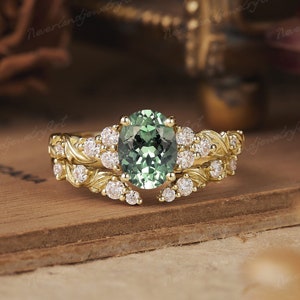 Vintage Green Sapphire Engagement Ring Set Nature Inspired Leaf Handmade Wedding Ring Set For Women Moissanite Open Stacking Wedding Band