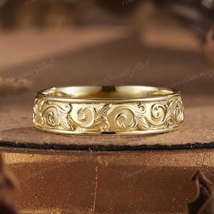 Vintage Leaf Mens Wedding Band Solid Gold Wedding Band for Men Nature Inspired Engraved Ring Couple Rings Anniversary Ring Gift for Him