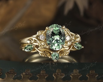 Oval Green Sapphire Engagement Ring Set Solid Gold Leaf Ring Set Green Sapphire Branch Ring Unique Cluster Diamond Ring Set Rings For Women