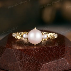 Vintage Akoya Pearl Engagement Ring Nature Inspired Leaf Vines Wedding Ring Pearl Moissanite Cluster Gold Wedding Ring Handmade Promise Ring