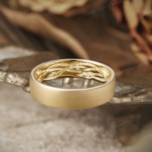 Vintage Mens Wedding Band Solid Gold Couple Rings Nature Inspired Leaf Engraved Wedding Ring Handmade Promise Ring Mens engagement Ring