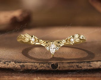 Vintage Marquise Diamond Wedding Band Nature Inspired Flower Ring Floral Wedding Ring Leaf Ring for Women Gold Anniversary Ring Gift for Her