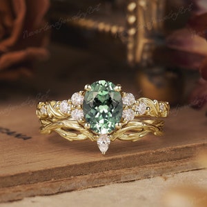 Vintage Green Sapphire Engagement Ring Set Inspired Leaf Twist Handmade Wedding Ring Set For Women Moissanite Curved Stacking Wedding Band