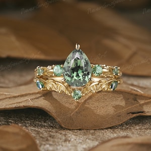 Green Sapphire Engagement Ring Set Vintage Green Sapphire Cluster Wedding Ring Set Leaf Floral Curved Wedding Band Handmade Ring For Women